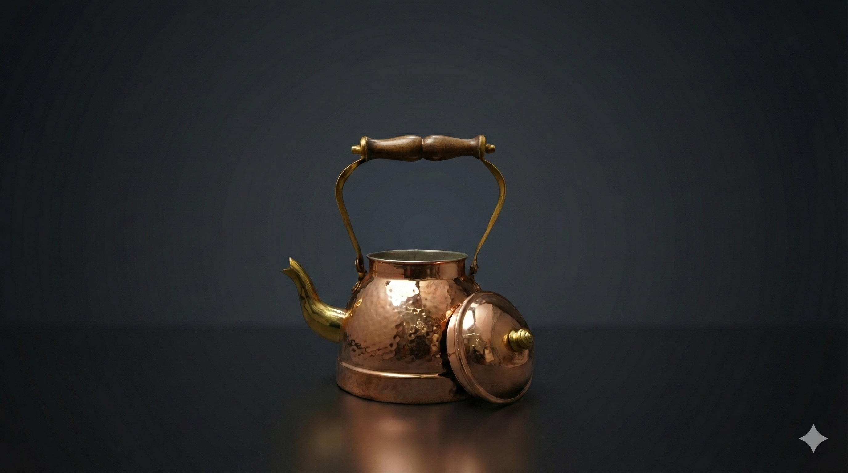 Copper Kettle - Hammered Finish with Brass Spout & Wooden Handle Copper product view 3 - Viviana London artisan collection
