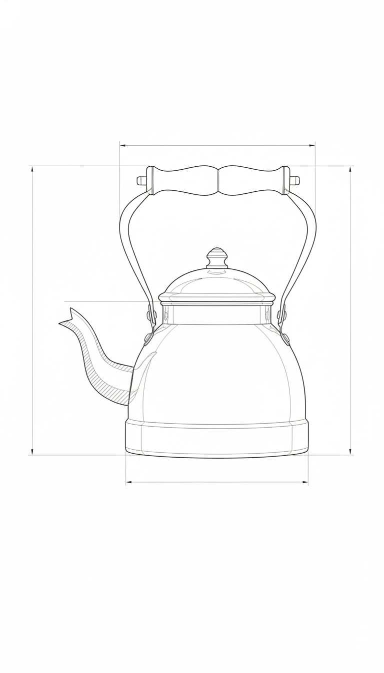 Copper Kettle - Hammered Finish with Brass Spout & Wooden Handle dimensions diagram - Viviana London artisan product specification