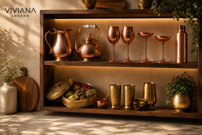 Handcrafted pure copper jug and brass accessories styled on open kitchen wooden shelves