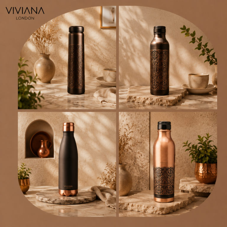 Hand-hammered pure copper bottle and jug set styled on a kitchen wooden counter next to a glass of water
