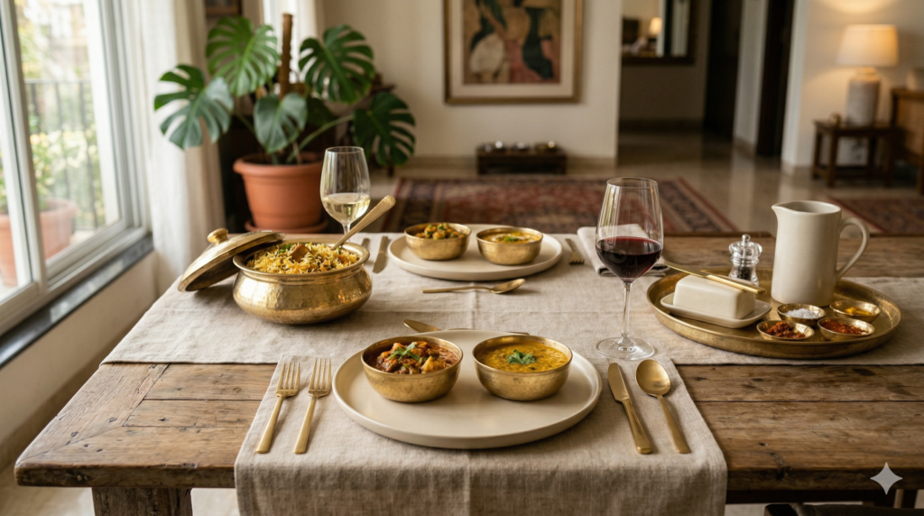 Elegant brass serve ware set on a modern UK dining table with warm lighting