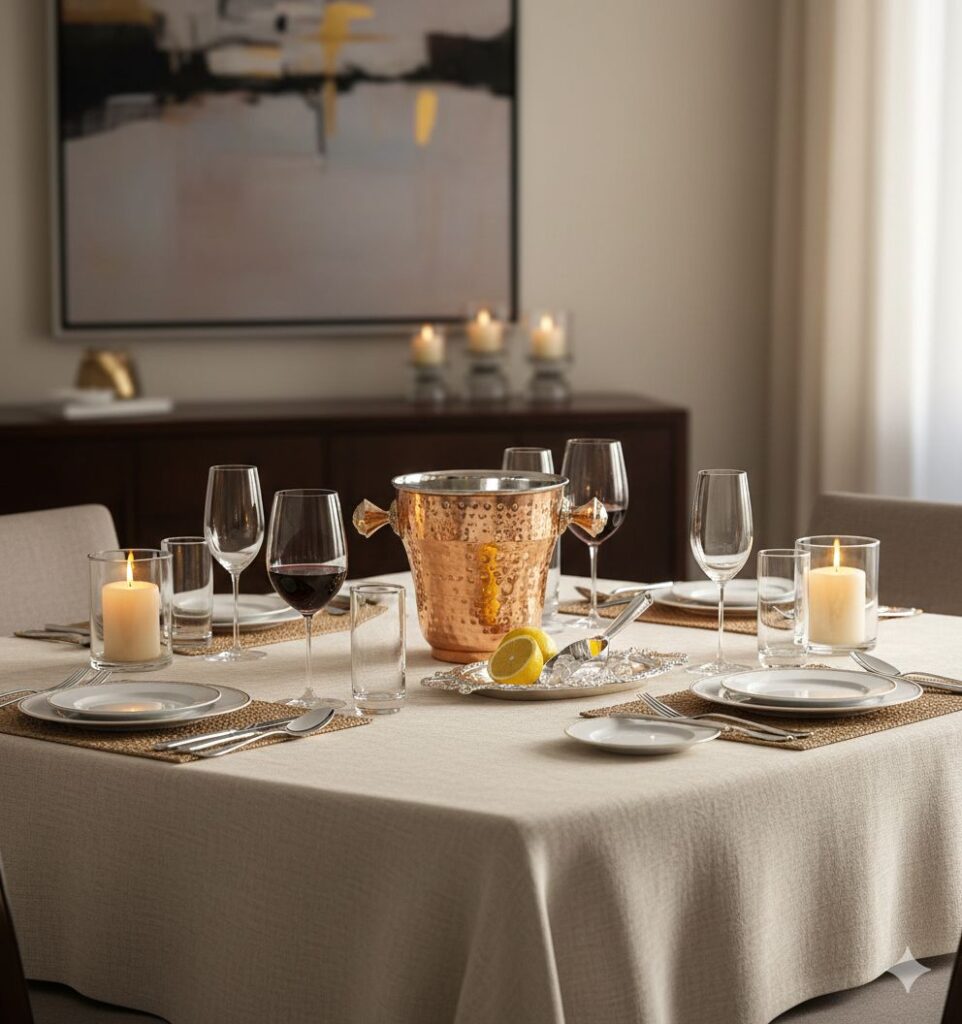 Luxury copper ice bucket for wine and champagne in UK home dining setup