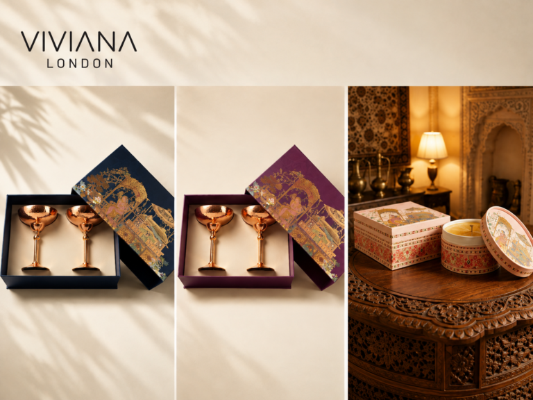 Luxury Viviana London copper corporate gift set with martini glass and copper jug packaged in branded presentation boxes