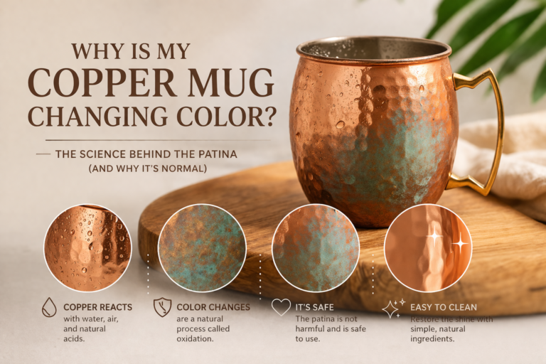 Copper mug changing colour with tarnish and oxidation visible on surface