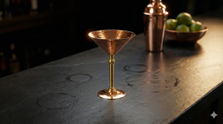 Close up of hammered copper martini glass texture