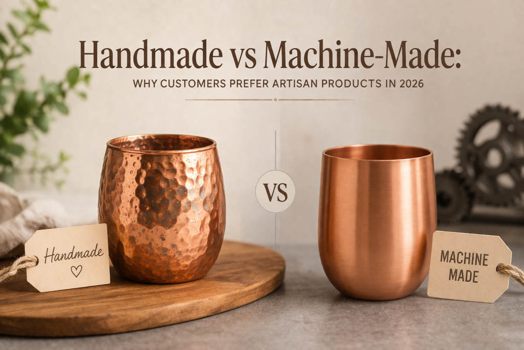 handmade vs machine-made products comparison showing artisan craftsmanship and factory production