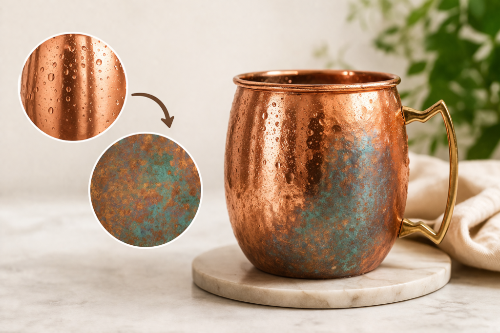 Before and after cleaning copper mug removing tarnish naturally