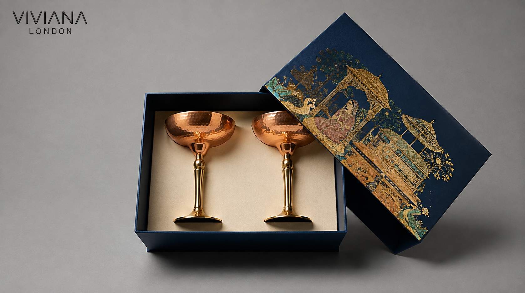 Luxury Viviana London copper corporate gift set with martini glass and copper jug packaged in branded presentation boxes