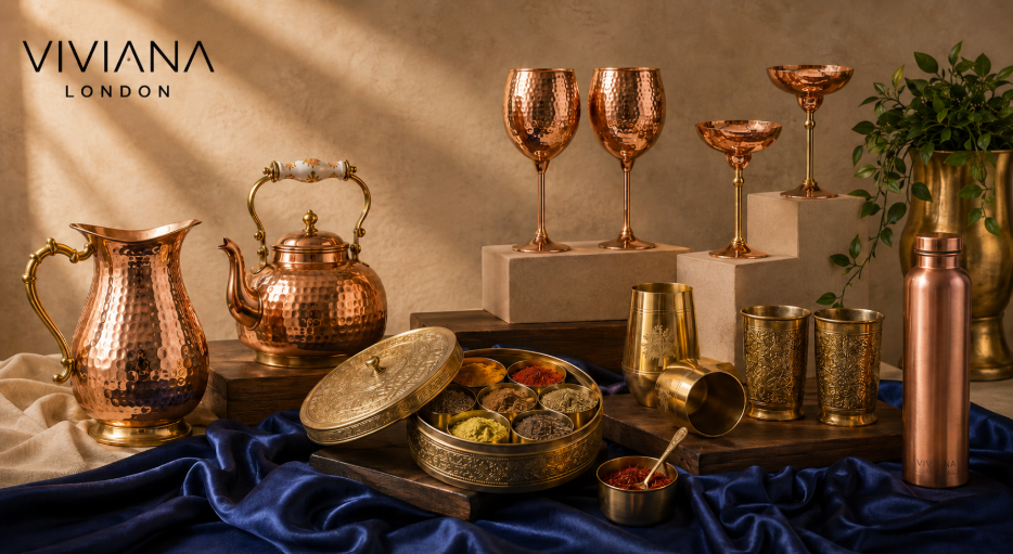Handcrafted pure copper jug and brass accessories styled on open kitchen wooden shelves